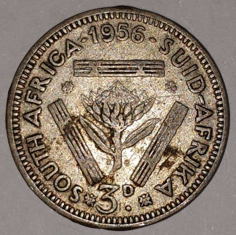 1956 - TICKEY/THREEPENCE/ 3d - SOUTH AFRICA - KM# 47 - SILVER 0.50